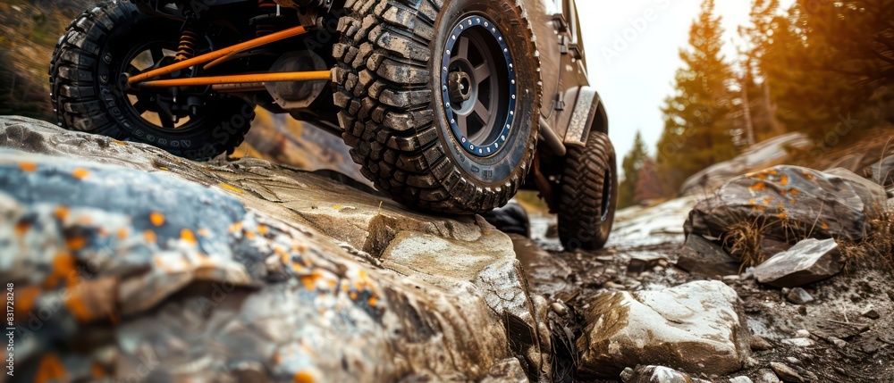 4x4 off-road vehicle rock climbing with a close-up of the wheels gripping in rough rocks 4x4 off-road vehicle rock climbing with a close-up of the wheels gripping in rough rocks