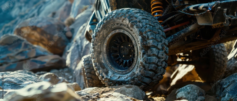4x4 off-road vehicle rock climbing with a close-up of the wheels gripping in rough rocks 4x4 off-road vehicle rock climbing with a close-up of the wheels gripping in rough rocks