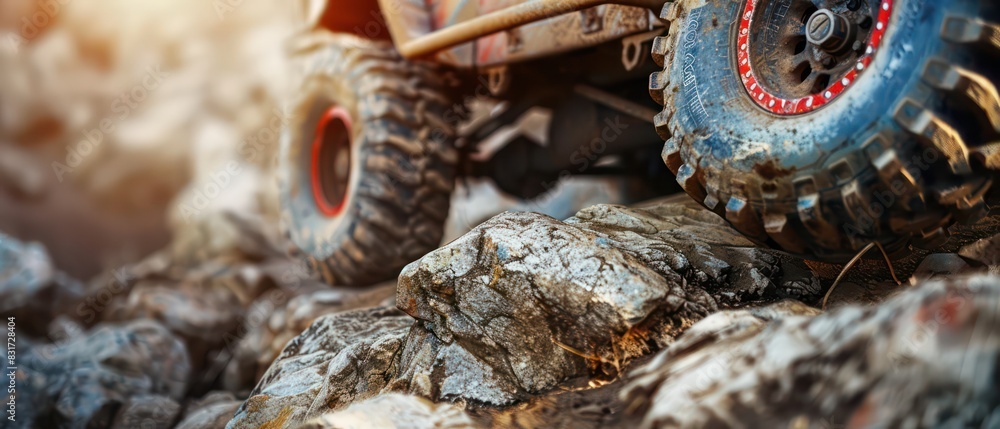 4x4 off-road vehicle rock climbing with a close-up of the wheels gripping in rough rocks 4x4 off-road vehicle rock climbing with a close-up of the wheels gripping in rough rocks