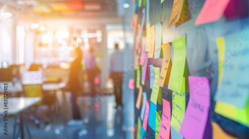 Sticky notes on glass wall create vibrant brainstorming scene