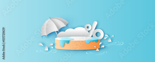 Template circle box design for rainy season sale decorated with clouds, rain drops, umbrella, percent and blank space. paper cut and craft style. vector, illustration.