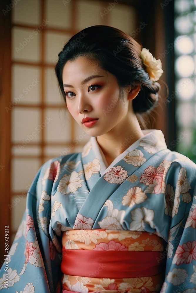 a beautiful woman in a traditional Japanese kimono a beautiful woman in a traditional Japanese kimono