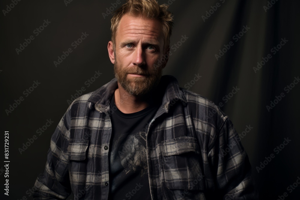 Fototapeta premium Portrait of a handsome man in a plaid shirt on a dark background.