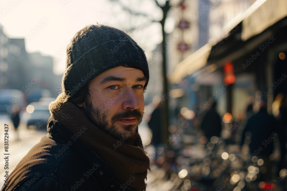 Young bearded man with a hat and scarf walking in the city. Young bearded man with a hat and scarf walking in the city.
