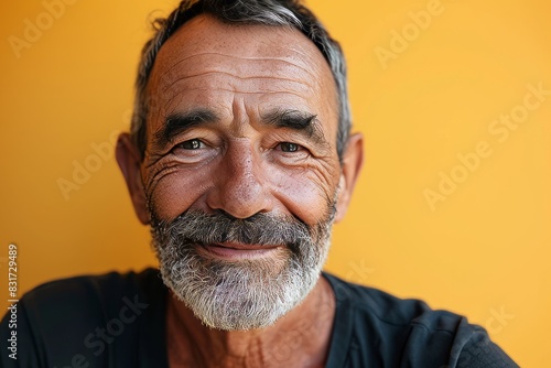 Portrait of senior man with grey beard and mustache on yellow background