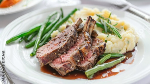 A beautifully plated gourmet dish with roasted lamb, garlic mashed potatoes, and green beans, white plate, bright background, professional lighting, clean and elegant composition, high-definition