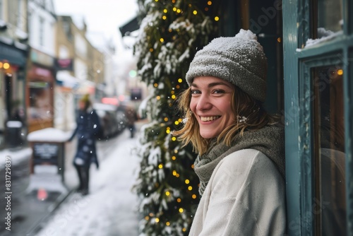 Portrait of a young woman on the background of a Christmas market