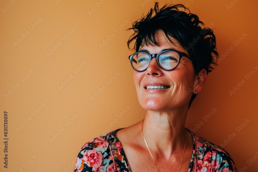 Portrait of a middle-aged woman with glasses on an orange background Portrait of a middle-aged woman with glasses on an orange background