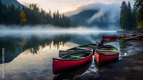 Canoes parked next to a lake, in the style of spectacular backdrops, photo - realistic techniques, i can't believe how beautiful this is, clear colors, puzzle - like pieces, mist, whistlerian photo