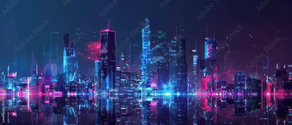 Fototapeta premium high tech and futuristic low angle illustration of a urban cityscape with modern architecture, amazing perspective and neon light effects
