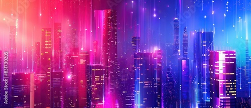 high tech and futuristic low angle illustration of a urban cityscape with modern architecture, amazing perspective and neon light effects