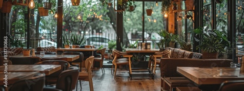 cozy and inviting restaurant interior with wooden tables, chairs, and leather sofas arranged in an open space