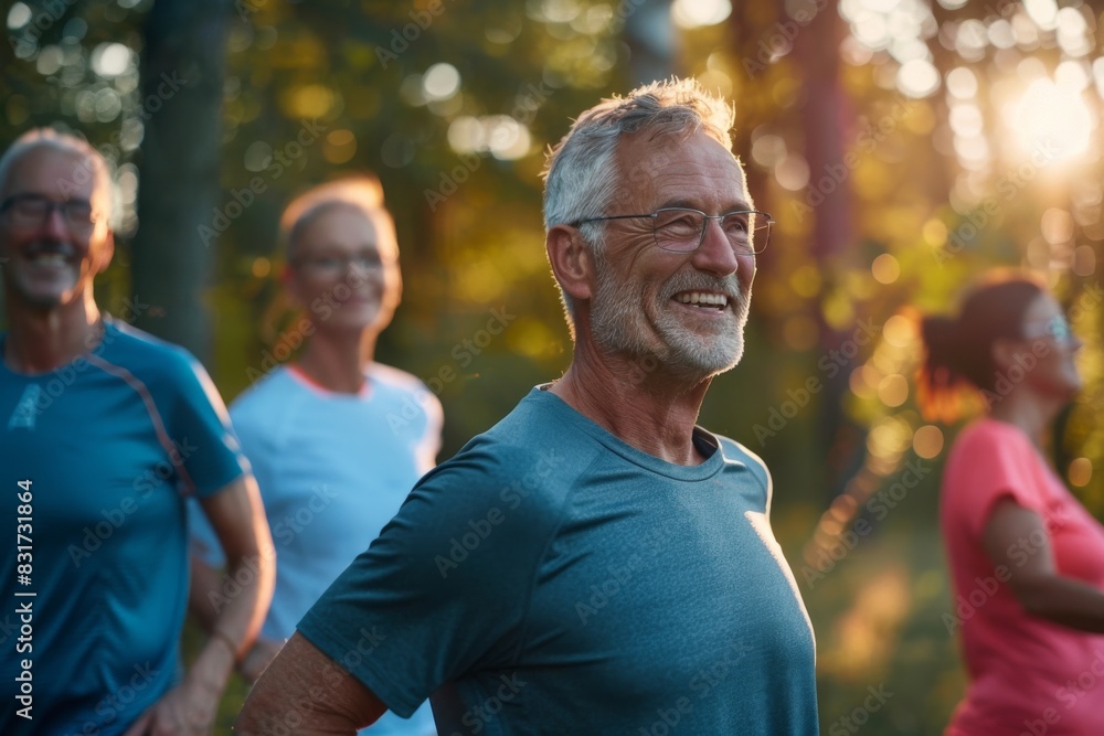 Group of senior people jogging together in the park at sunset. Group of senior people jogging together in the park at sunset.