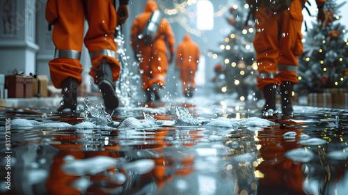 Photo realistic image of employees responding to a water leak during a holiday office event, showcasing importance of quick action and safety amid celebration. photo