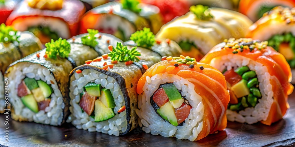 A plate of sushi with a variety of different types of sushi rolls A plate of sushi with a variety of different types of sushi rolls