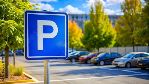 A parking sign with the letter P on it is in a parking lot