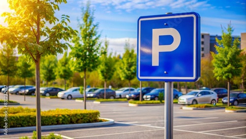 A parking sign with the letter P on it is in a parking lot