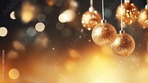 Happy Christmas light decorations in new year night winter background. Ornaments elements gold confetti bokeh color Xmas ornaments Glass ball tree decorations. Christmas glowing Golden Background