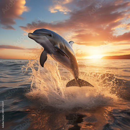 a dolphin jumps out of the ocean against the background of the sky with the rising sun