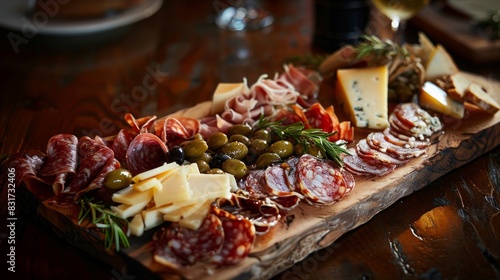 A beautifully arranged charcuterie board with meats  cheeses  and olives  rustic wooden board  warm lighting  rich textures and inviting atmosphere  professional food photography Nikon D750 50mm lens