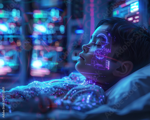 Child receiving life support in a futuristic hospital, holographic data overlays, Sci-Fi, Digital Art, blue and purple neon, detailed