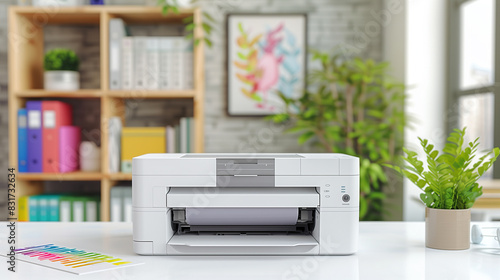 Modern white printer on office desk.