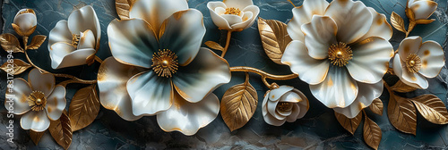 three panel wall art, marble background with golden and silver Teal Flower Plants designs, wall decoration #831732894