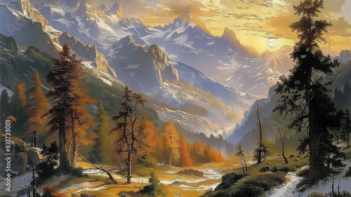a horizontal Mountain landscape, mid-century classical style, front view in an outdoor-themed, painterly illustration in JPG. Generative ai © Purple Penguin GFX
