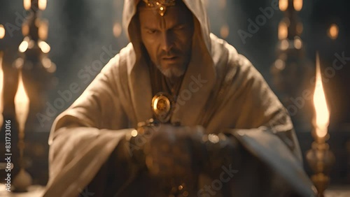 A mysterious figure in a hooded robe sits at a candlelit table, medallion in hand photo