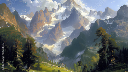 a horizontal Mountain landscape, mid-century classical style, front view in an outdoor-themed, painterly illustration in JPG. Generative ai © Purple Penguin GFX