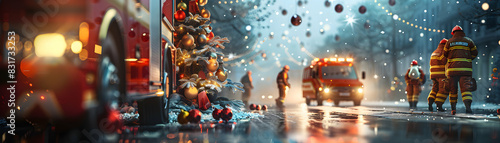 Emergency Response: First Responders Assisting During Workplace Accident with Festive Decorations   High Resolution Photo Realistic Image Emphasizing Unexpected Nature of Emergenci photo