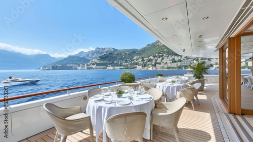Table is set on the deck of superyacht. © VISUAL BACKGROUND