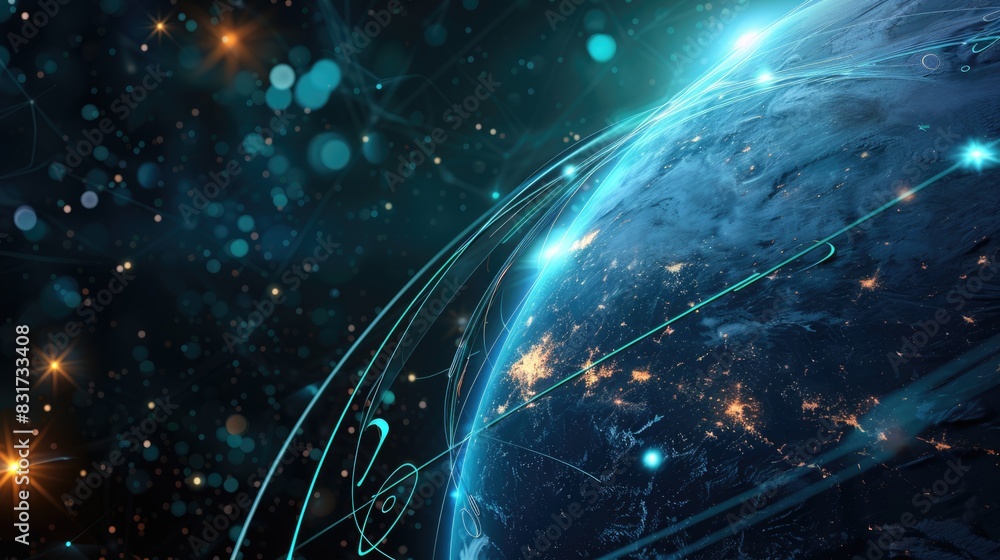 Obraz premium Connection lines around the Earth's surface, future technology backdrop with circles and lines. Internet, social media, travel, or logistical concepts