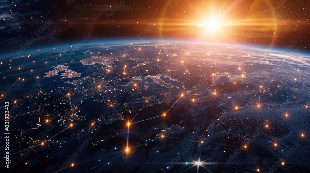 Obraz premium Connection lines around the Earth's surface, future technology backdrop with circles and lines. Internet, social media, travel, or logistical concepts