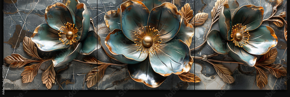 three panel wall art, marble background with golden and silver Teal Flower Plants designs, wall decoration three panel wall art, marble background with golden and silver Teal Flower Plants designs, wall decoration