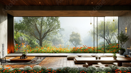 Natural brown shade dining room of a house resort by meadow wildflower