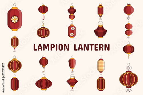 Lampion Lantern Lineal Color Vector Illustration Icon Sticker Set Design Materials