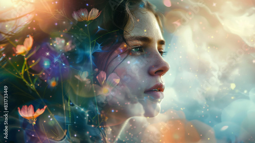 Artistic portrait of a young woman surrounded by vibrant flowers and cosmic elements, creating a dreamy atmosphere.