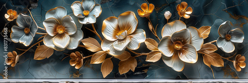 three panel wall art, marble background with golden and silver Teal Flower Plants designs, wall decoration © VertigoAI