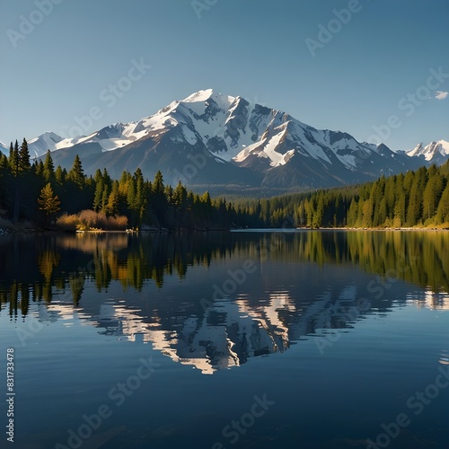 serene lake reflecting the snow-capped mountains under a clear blue sky