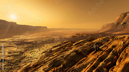 A high-contrast shot of a space rover traversing the rugged terrain of Mars at sunset, with the golden light casting long shadows and emphasizing the desolation and beauty of the Martian landscape. photo