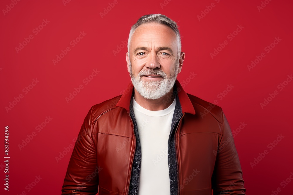 Portrait of a handsome senior man in a red leather jacket on a red background. Portrait of a handsome senior man in a red leather jacket on a red background.