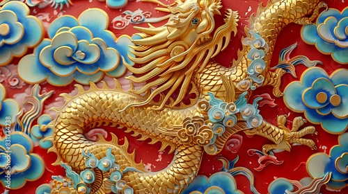 Wallpaper Mural Golden dragon on red background. Torontodigital.ca
