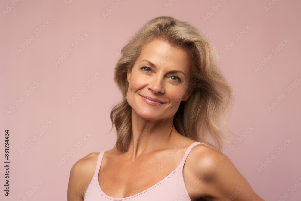 Portrait of a beautiful middle-aged woman on a pink background Portrait of a beautiful middle-aged woman on a pink background