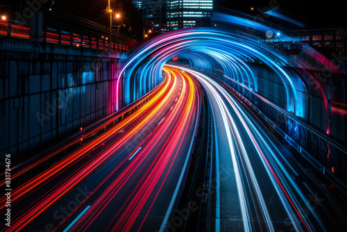 High-speed light trails on a city highway are captured using long exposure photography  creating motion blur with red and orange lights from a low angle shot.