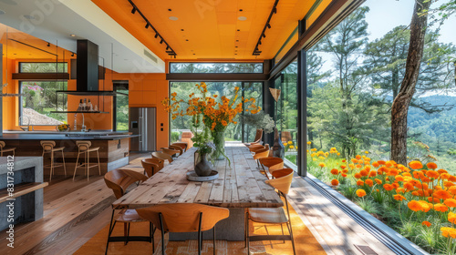 Natural orange shade dining room of a house resort by meadow wildflower