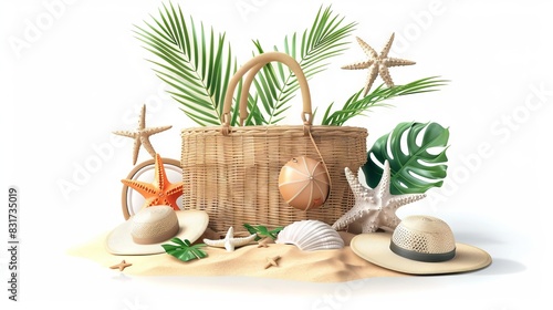 Beach bag and hat with palm leaves and seashells on the beach.