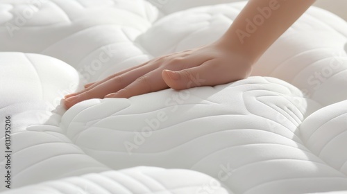 Hand pressing soft white memory foam mattress in bright daylight.