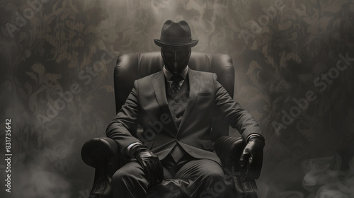 A man in a black suit and hat sits in a chair with a fake mask on his face. The chair is covered in smoke, giving the scene a dark and mysterious atmosphere