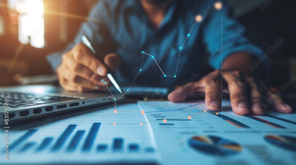 Business professional analyzing financial data and charts on paper and laptop in an office environment. Business professional analyzing financial data and charts on paper and laptop in an office environment.